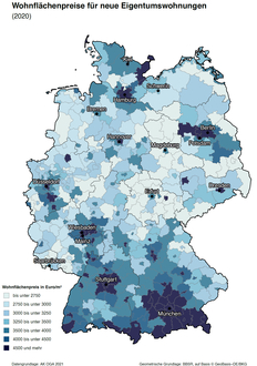 Deutschlandkarte über die Wohnflächenpreise in Euro/m²